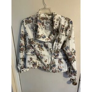 Live a Little Floral Moto Jacket White Blue Purple Asymmetrical Zip Large
